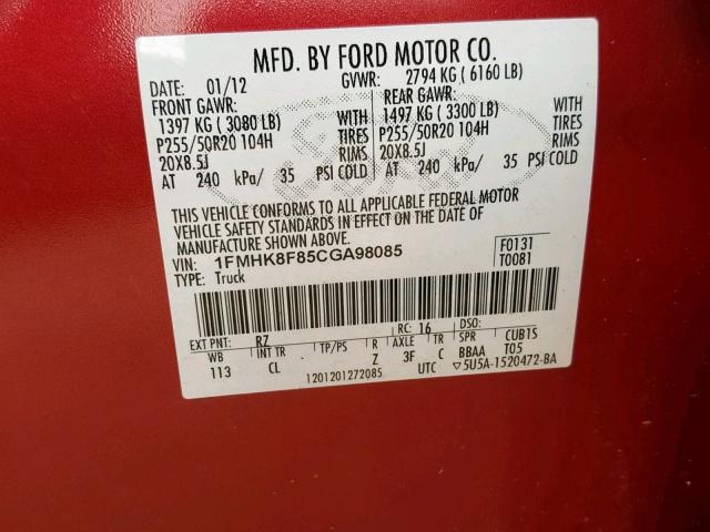 1FMHK8F85CGA98085 - 2012 FORD EXPLORER L RED photo 10