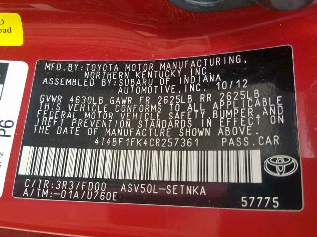 4T4BF1FK4CR257361 - 2012 TOYOTA CAMRY BASE RED photo 10