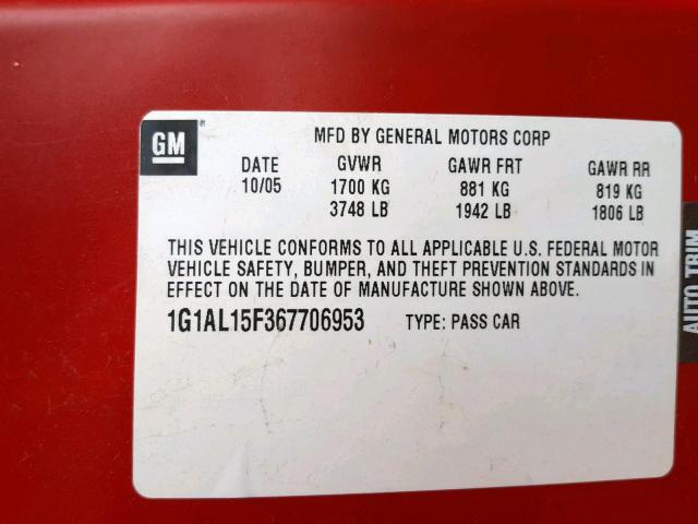 1G1AL15F367706953 - 2006 CHEVROLET COBALT LT RED photo 10