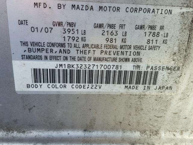 JM1BK323271700781 - 2007 MAZDA 3 S SILVER photo 10