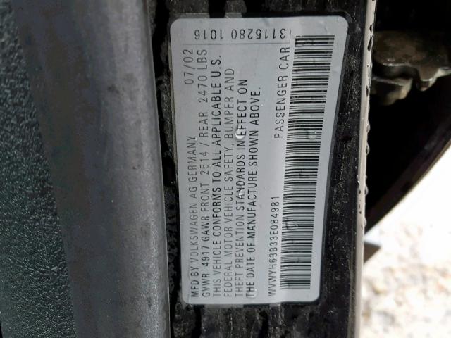 WVWYH63B33E084981 - 2003 VOLKSWAGEN PASSAT GLX 黑色 照片 10