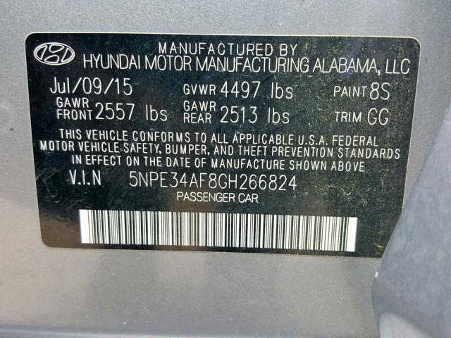 5NPE34AF8GH266824 - 2016 HYUNDAI SONATA SPO GRAY photo 10