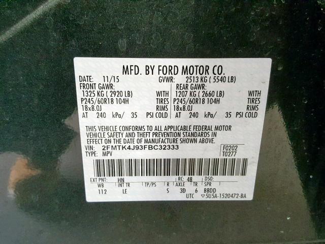 2FMTK4J93FBC32333 - 2015 FORD EDGE SEL GREEN photo 10