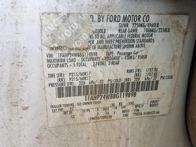 1FAHP24W88G119898 - 2008 FORD TAURUS SEL WHITE photo 10