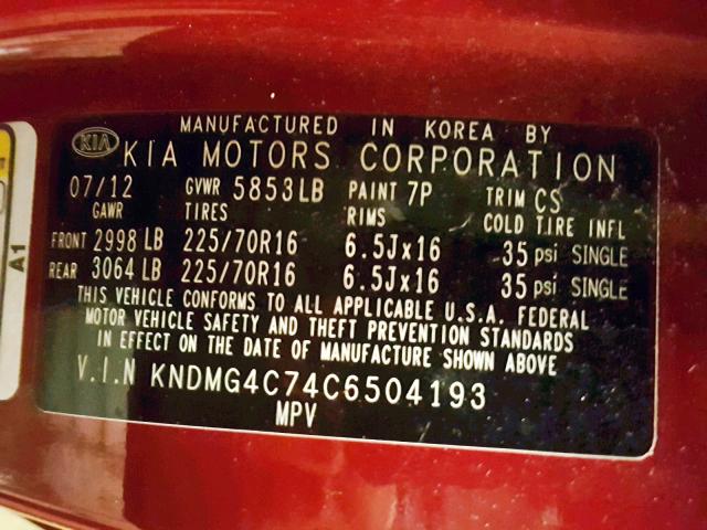 KNDMG4C74C6504193 - 2012 KIA SEDONA LX RED photo 10