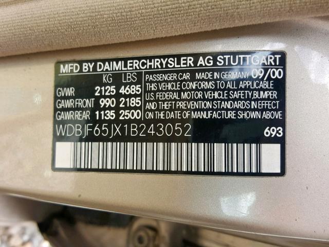 WDBJF65JX1B243052 - 2001 MERCEDES-BENZ E 320 BEIGE photo 10