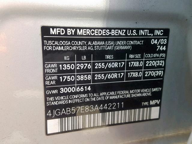 4JGAB57E83A442211 - 2003 MERCEDES-BENZ ML 350 SILVER photo 10