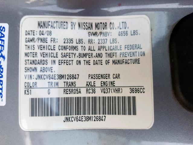 JNKCV64E38M126847 - 2008 INFINITI G37 BASE GRAY photo 10