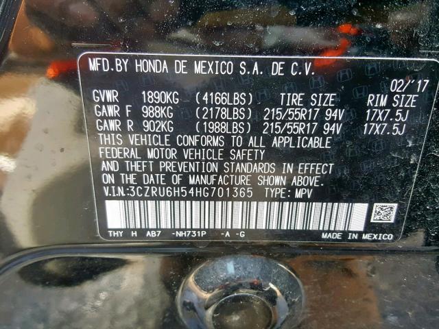 3CZRU6H54HG701365 - 2017 HONDA HR-V EX BLACK photo 10