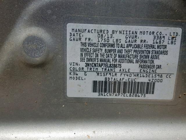 3N1CN7AP7EL828675 - 2014 NISSAN VERSA S GRAY photo 10