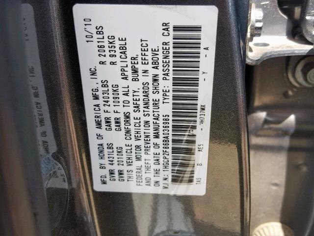 1HGCP2F86BA036985 - 2011 HONDA ACCORD EXL GRAY photo 10