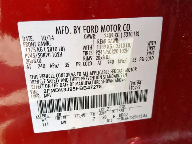 2FMDK3J95EBB47278 - 2014 FORD EDGE SEL RED photo 10