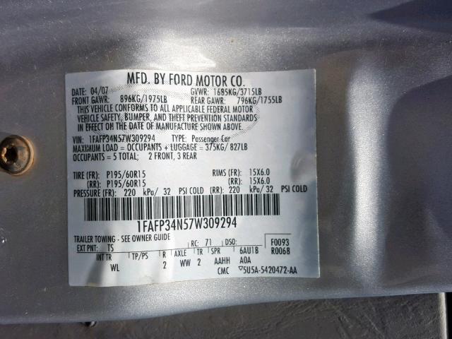 1FAFP34N57W309294 - 2007 FORD FOCUS ZX4 SILVER photo 10