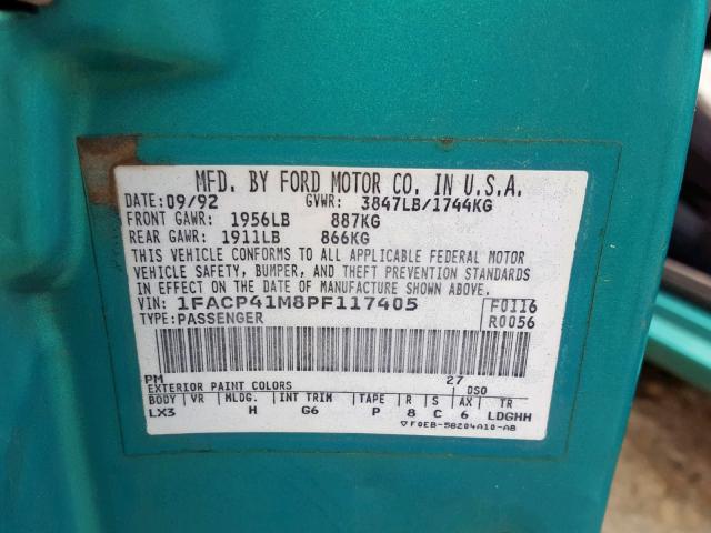 1FACP41M8PF117405 - 1993 FORD MUSTANG LX TEAL photo 10