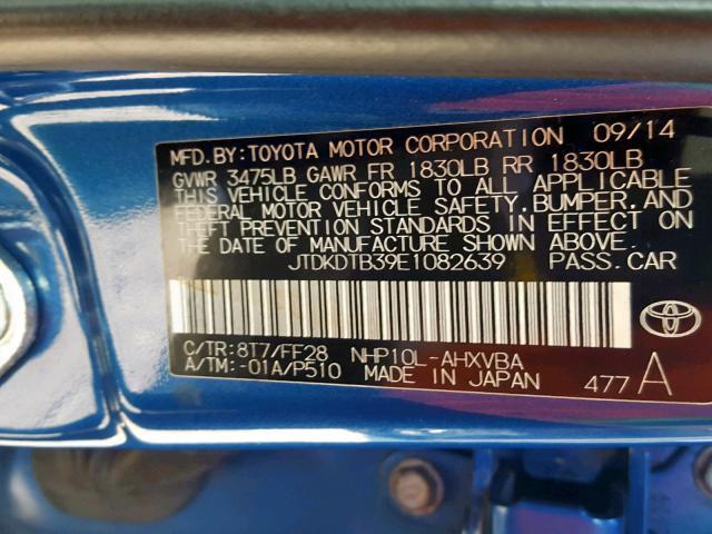 JTDKDTB39E1082639 - 2014 TOYOTA PRIUS C BLUE photo 10