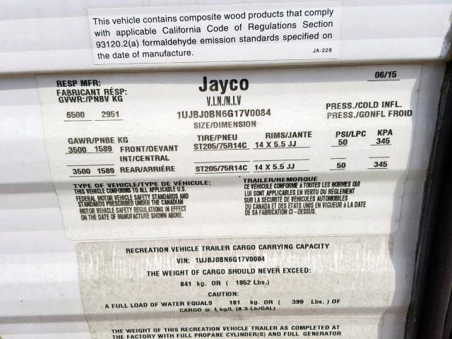 1UJBJ0BN6G17V0084 - 2016 JAYCO J SERIES  WHITE photo 10