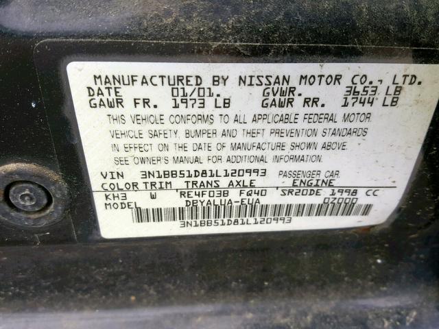 3N1BB51D81L120993 - 2001 NISSAN SENTRA SE BLACK photo 10