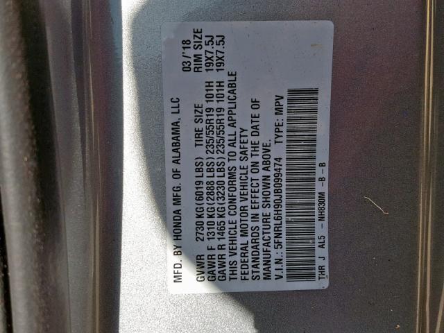 5FNRL6H90JB099474 - 2018 HONDA ODYSSEY EL SILVER photo 10