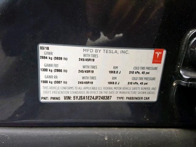 5YJSA1E24JF248387 - 2018 TESLA MODEL S رمادي صورة 10
