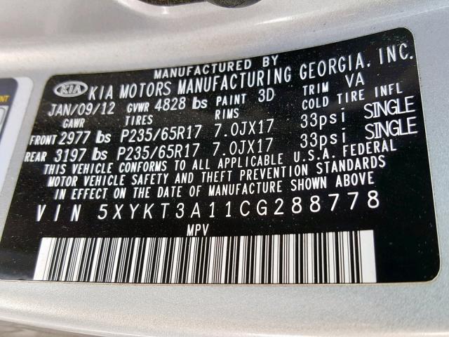 5XYKT3A11CG288778 - 2012 KIA SORENTO BA SILVER photo 10