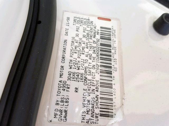 JT6GF10U8X0023792 - 1999 LEXUS RX 300 CREAM photo 10