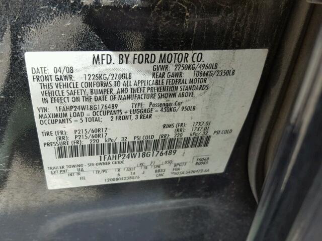 1FAHP24W18G176489 - 2008 FORD TAURUS SEL BLACK photo 10