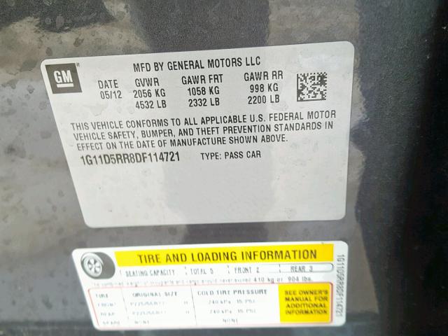1G11D5RR8DF114721 - 2013 CHEVROLET MALIBU 1LT GRAY photo 10