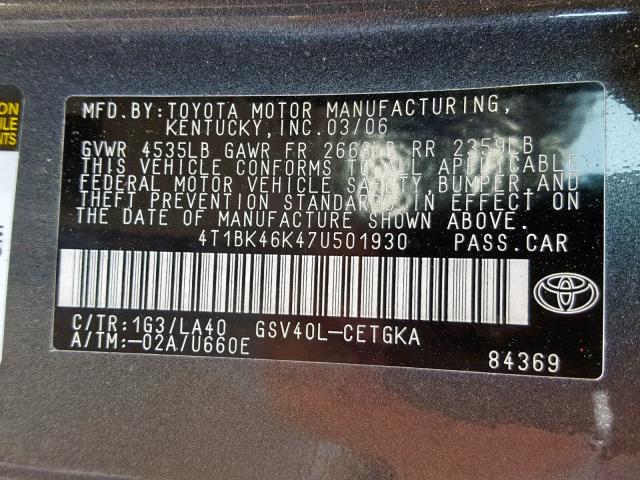 4T1BK46K47U501930 - 2007 TOYOTA CAMRY NEW GRAY photo 10