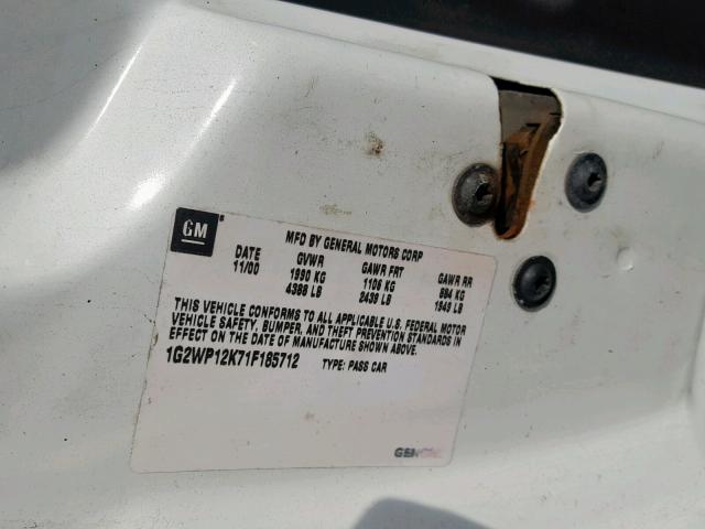 1G2WP12K71F185712 - 2001 PONTIAC GRAND PRIX WHITE photo 10
