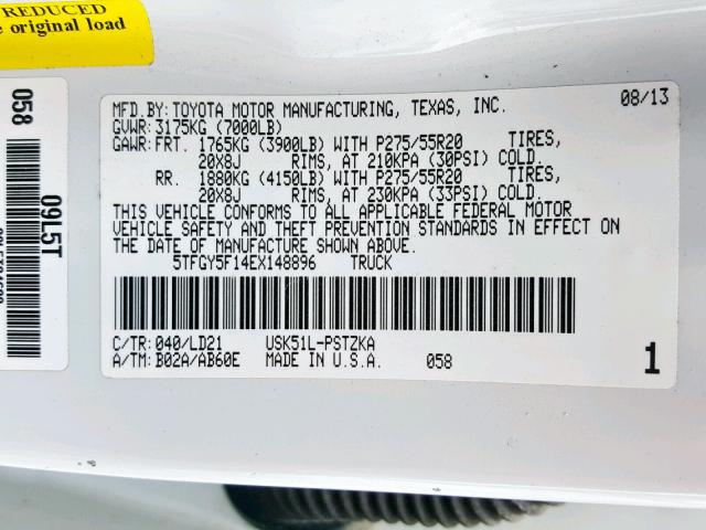 5TFGY5F14EX148896 - 2014 TOYOTA TUNDRA CRE WHITE photo 10