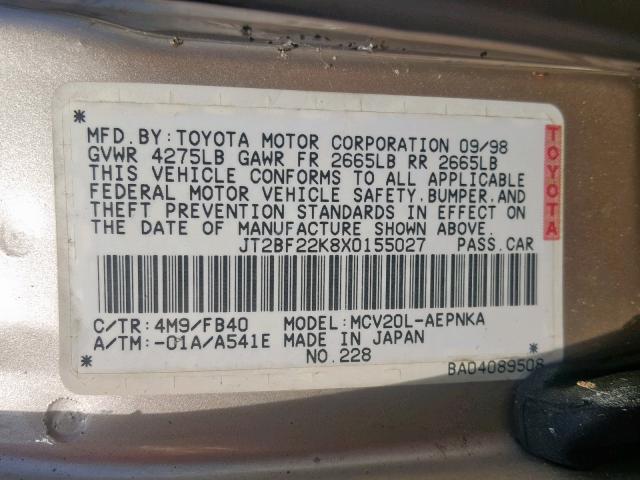 JT2BF22K8X0155027 - 1999 TOYOTA CAMRY LE GOLD photo 10