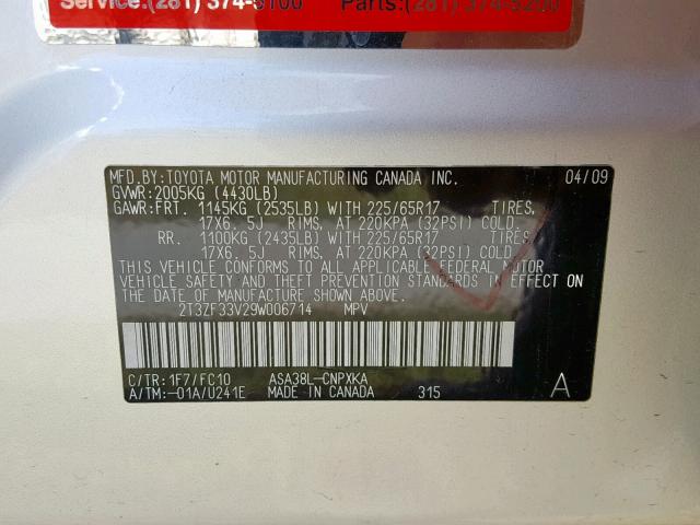 2T3ZF33V29W006714 - 2009 TOYOTA RAV4 银色 照片 10