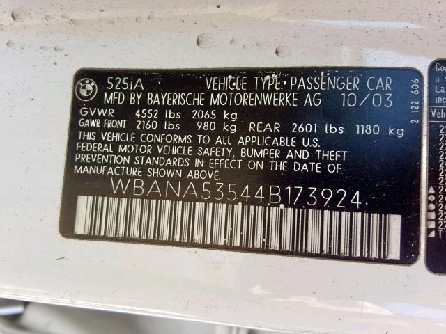 WBANA53544B173924 - 2004 BMW 525 I WHITE photo 10