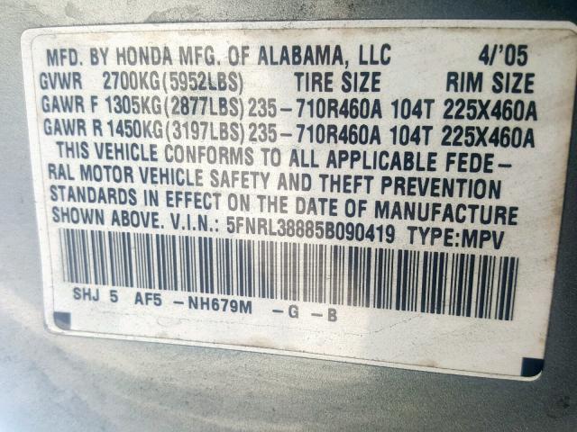 5FNRL38885B090419 - 2005 HONDA ODYSSEY TO SILVER photo 10