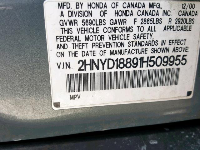 2HNYD18891H509955 - 2001 ACURA MDX TOURIN GRAY photo 10