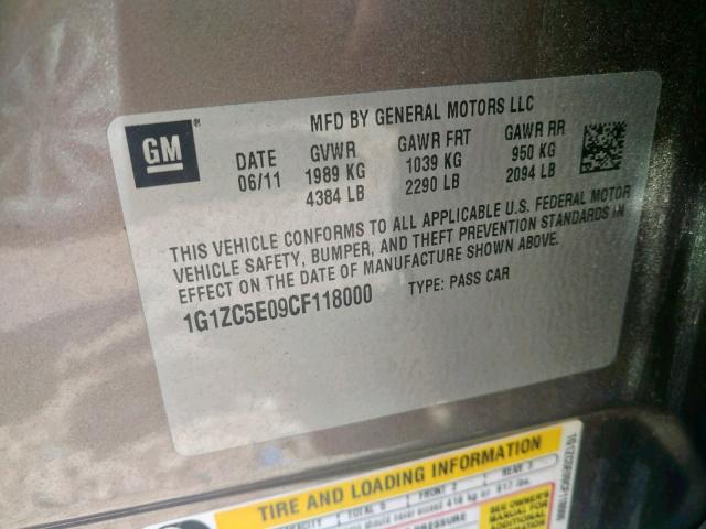 1G1ZC5E09CF118000 - 2012 CHEVROLET MALIBU 1LT 金色 照片 10