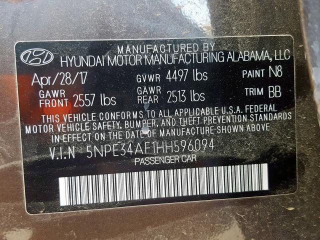 5NPE34AF1HH596094 - 2017 HYUNDAI SONATA SPO BROWN photo 10