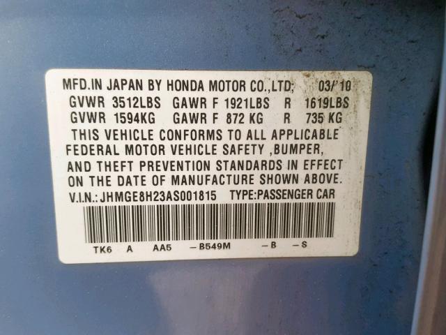 JHMGE8H23AS001815 - 2010 HONDA FIT BLUE photo 10