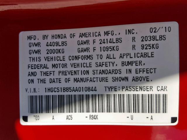 1HGCS1B85AA010844 - 2010 HONDA ACCORD EXL RED photo 10