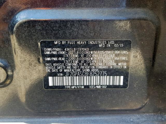 JF2GPASC8F8252775 - 2015 SUBARU XV CROSSTR GRAY photo 10