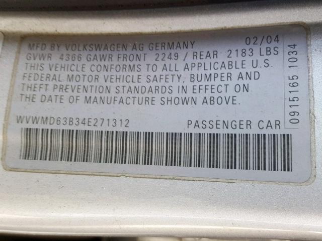 WVWMD63B34E271312 - 2004 VOLKSWAGEN PASSAT GL SILVER photo 10