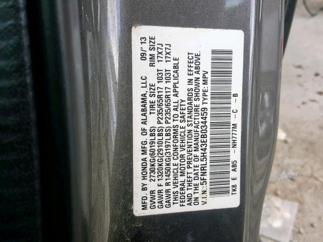 5FNRL5H43EB034459 - 2014 HONDA ODYSSEY EX GRAY photo 10