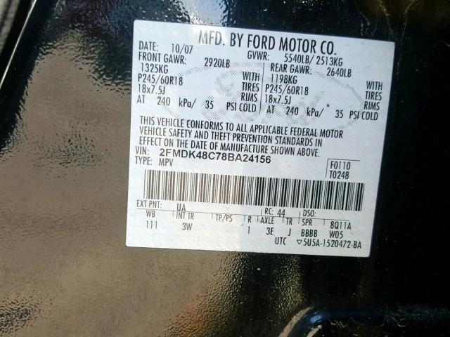 2FMDK48C78BA24156 - 2008 FORD EDGE SEL BLACK photo 10