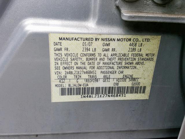 1N4BL21E27N468451 - 2007 NISSAN ALTIMA 3.5 SILVER photo 10