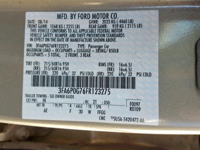 3FA6P0G76FR123275 - 2015 FORD FUSION S GOLD photo 10