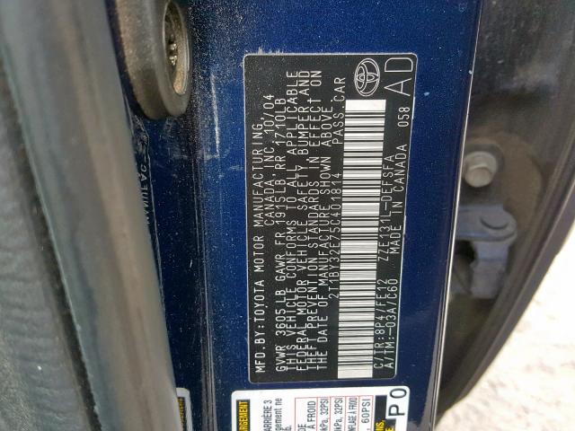 2T1BY32E75C401814 - 2005 TOYOTA COROLLA XR BLUE photo 10