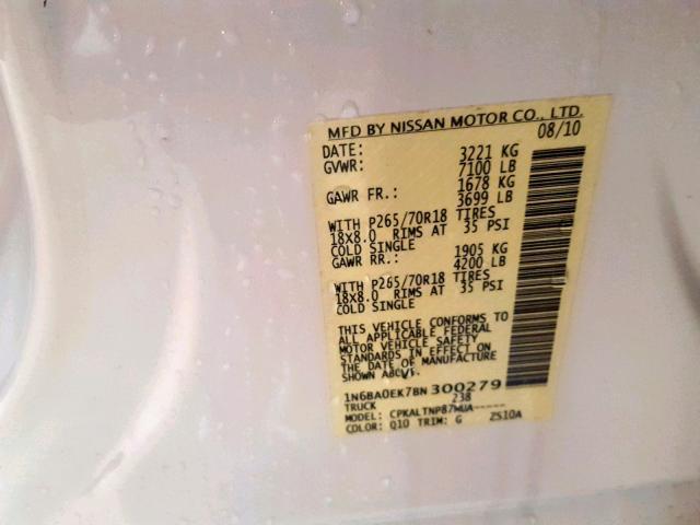 1N6BA0EK7BN300279 - 2011 NISSAN TITAN S WHITE photo 10