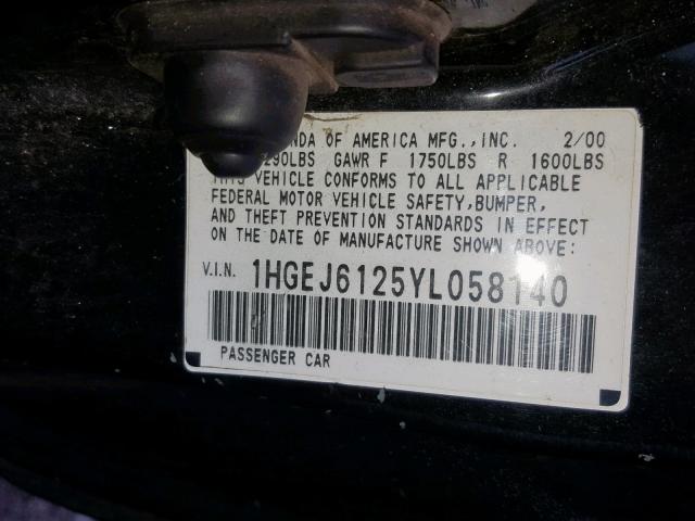 1HGEJ6125YL058140 - 2000 HONDA CIVIC DX BLACK photo 10