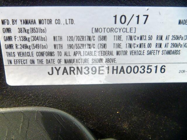 JYARN39E1HA003516 - 2017 YAMAHA YZFR1 BLACK photo 10