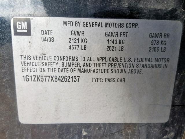 1G1ZK577X84262137 - 2008 CHEVROLET MALIBU LTZ გრაფიტი ფოტო 10